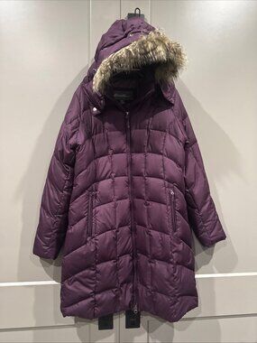 Eddie Bauer Womens Down Parka Coat 650 FP Faux Fur Hood Sz Medium Purple $249